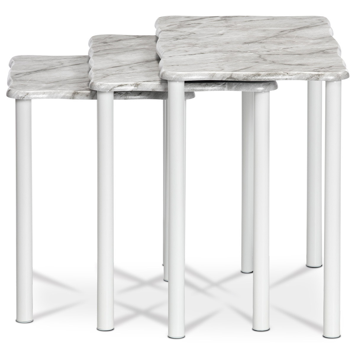 Přístavné a odkládací stolky, set 3 ks, deska šedobílý mramor, kovové nohy, bílý