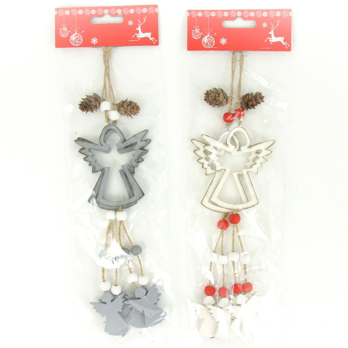 Andělíček, vánoční dřevěná dekorace na pověšení, barva bílá, šedá,  2 kusy v sáč