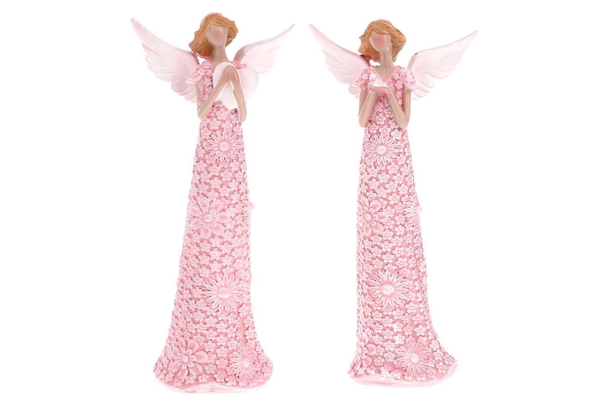 Anděl polyresinový, růžové kytičkové šaty, mix 2 druhů (se srdcem/s ptáčkem). Ce