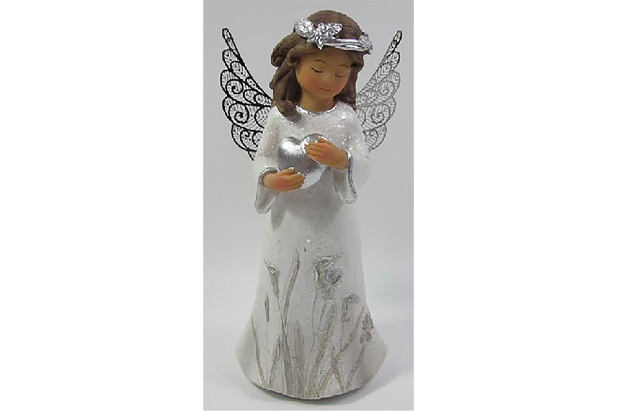 Anděl s kovovými křídly držící srdce nebo ptáčka, barva bílá glitrovaná. Polyres