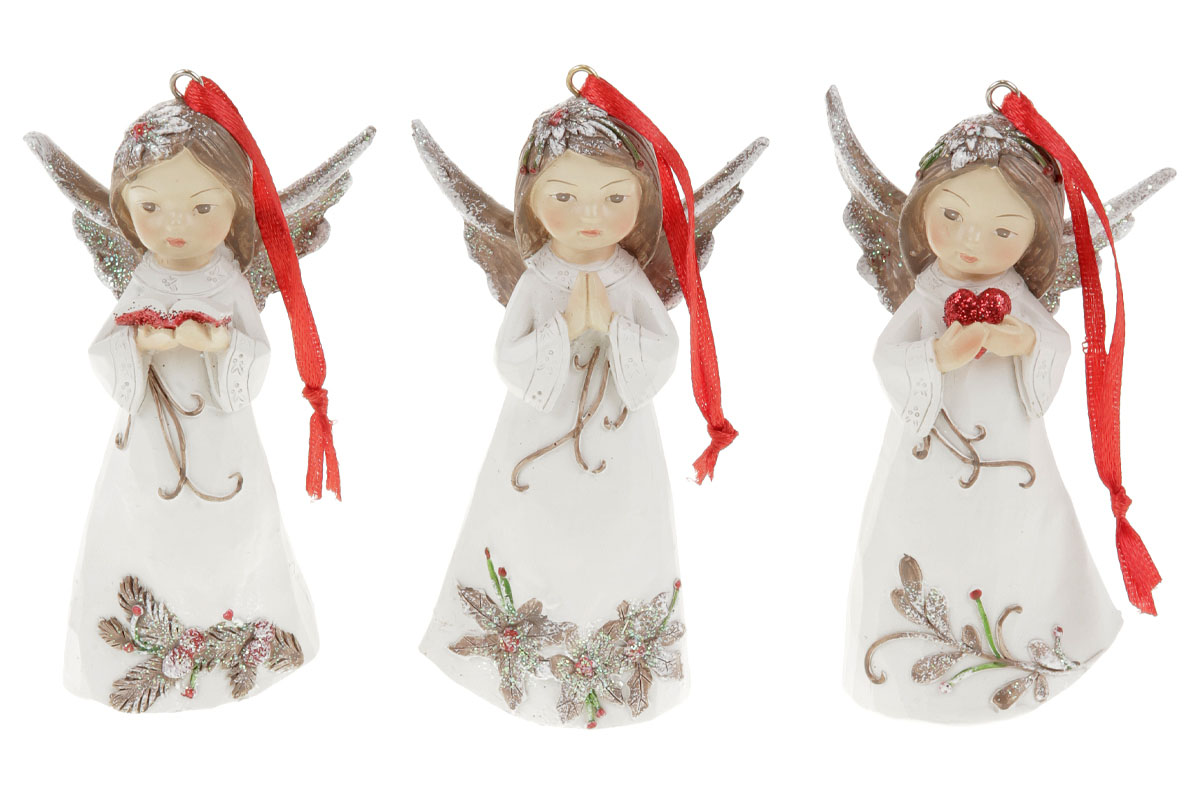 Anděl, dekorace na zavěšení z polyresinu, barva bílá s vánočním d
