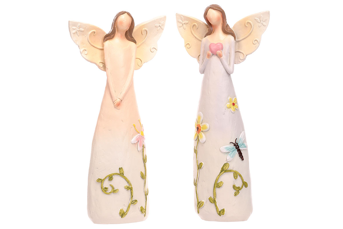 Anděl polyresinový, s květinami na šatech, mix 2 druhů, barva světle fialová a r