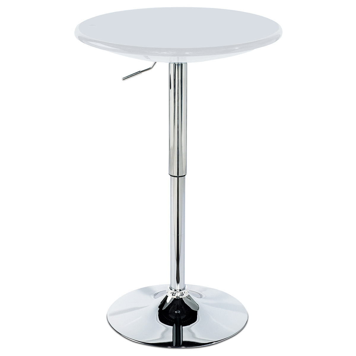 Barový stůl, bílý plast, chromová výškově nastavitelná podnož