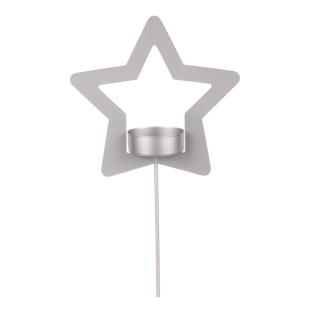 Svícen kovový ve tvaru hvězdy - zápich, na čajovou svíčku, matná stříbrná.