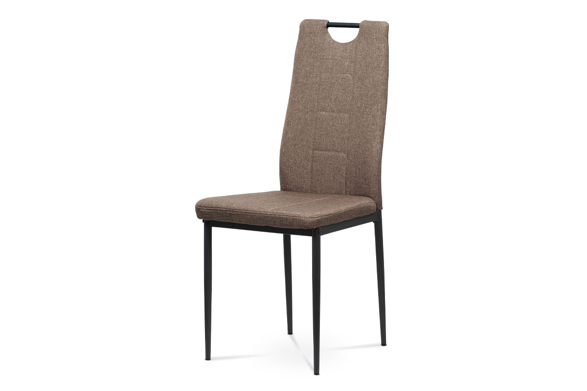 Jídelní židle, potah hnědá látka, kovová čtyřnohá podnož, antracitový matný lak