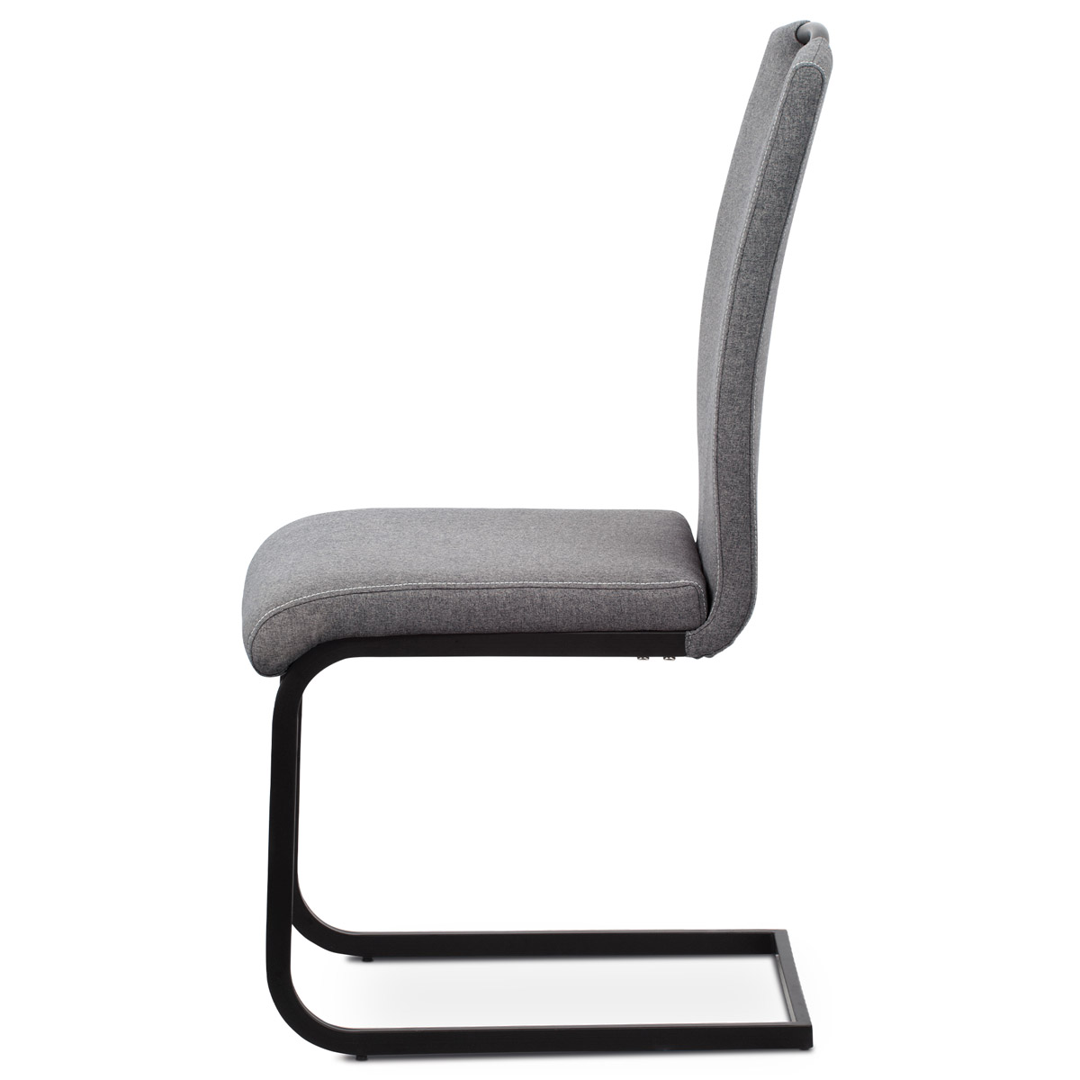 Jídelní židle, potah šedá látka, bílé prošití, kovová podnož, černý matný lak