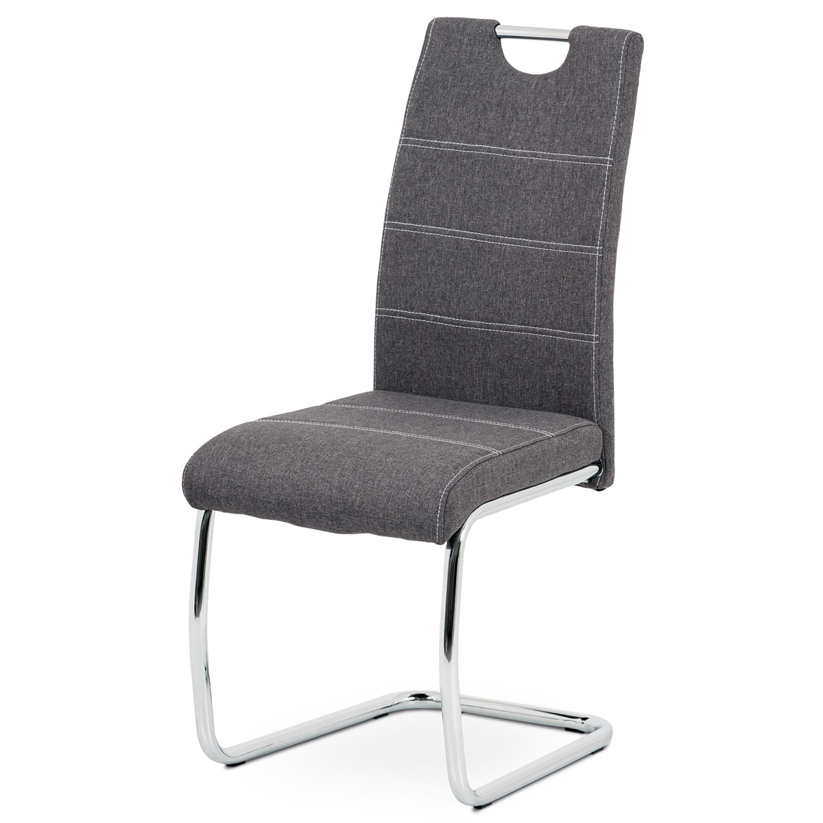 Jídelní židle, potah šedá látka, bílé prošití, kovová chromovaná pohupová podnož