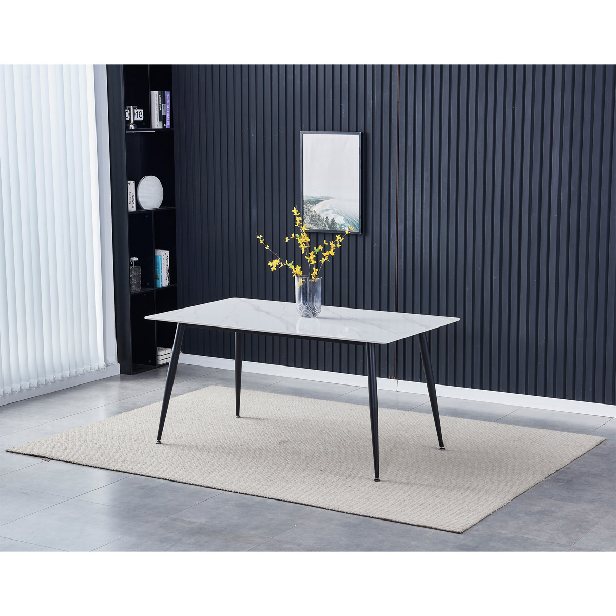 Stůl jídelní 160x90x76 cm, deska slinutý kámen v imitaci matného mramoru, černé kovové nohy