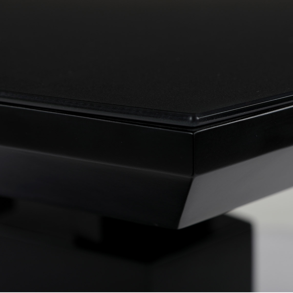 Jídelní stůl 110+40x70 cm, černá 4 mm skleněná deska, MDF, černý matný lak