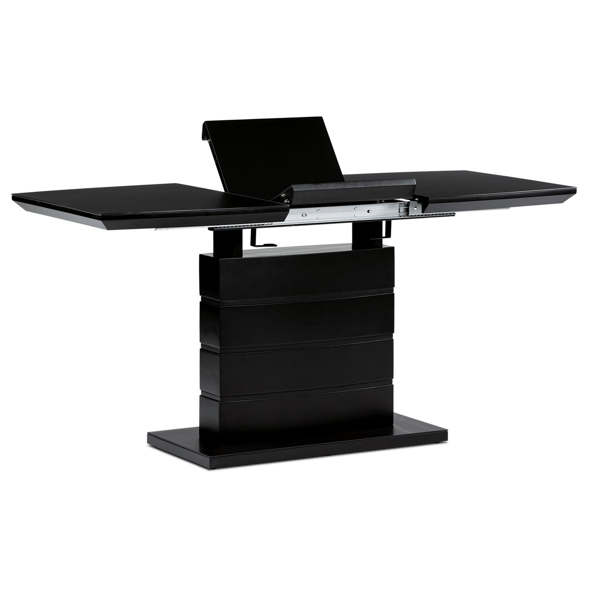 Jídelní stůl 110+40x70 cm, černá 4 mm skleněná deska, MDF, černý matný lak