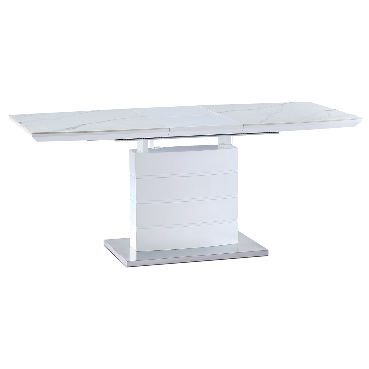 Jídelní stůl 140+40x80 cm, keramická deska bílý mramor, MDF, bílý matný lak - HT-427M WT