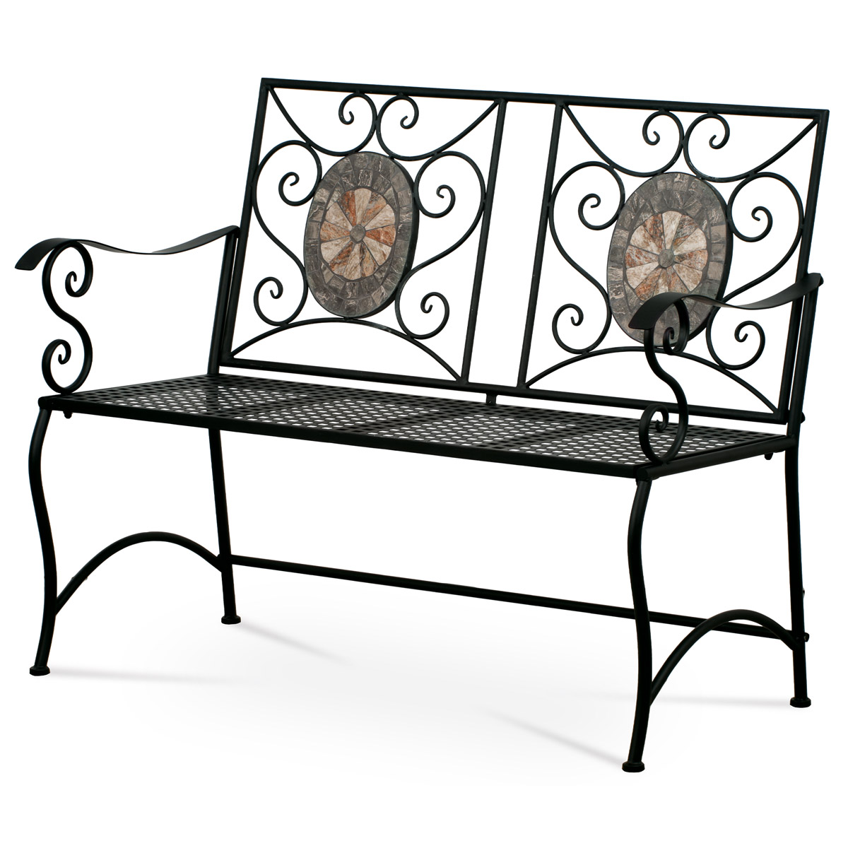 Zahradní lavice, keramická mozaika, kovová kontrukce, černý matný lak