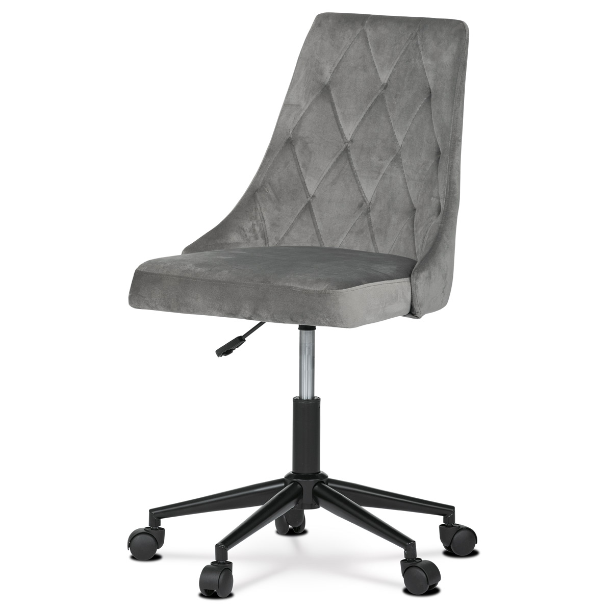 Pracovní židle, potah šedá sametová látka, výškově nastavitelná a otočná, černý kovový kříž