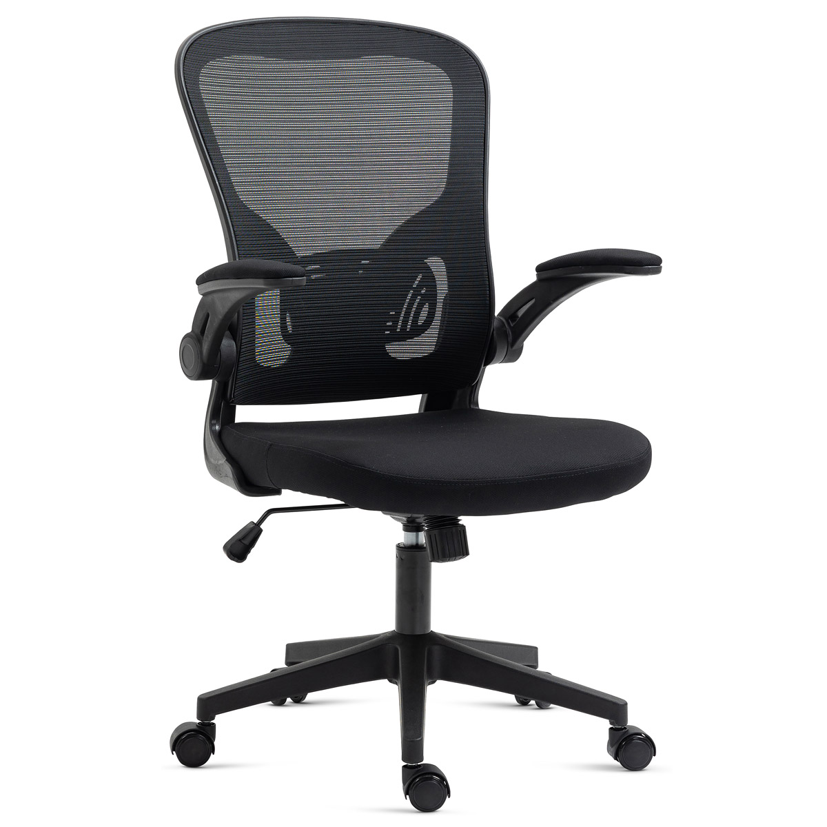 Kancelářská židle, černý plast, černá látka, sklápěcí područky, kolečka pro tvrd