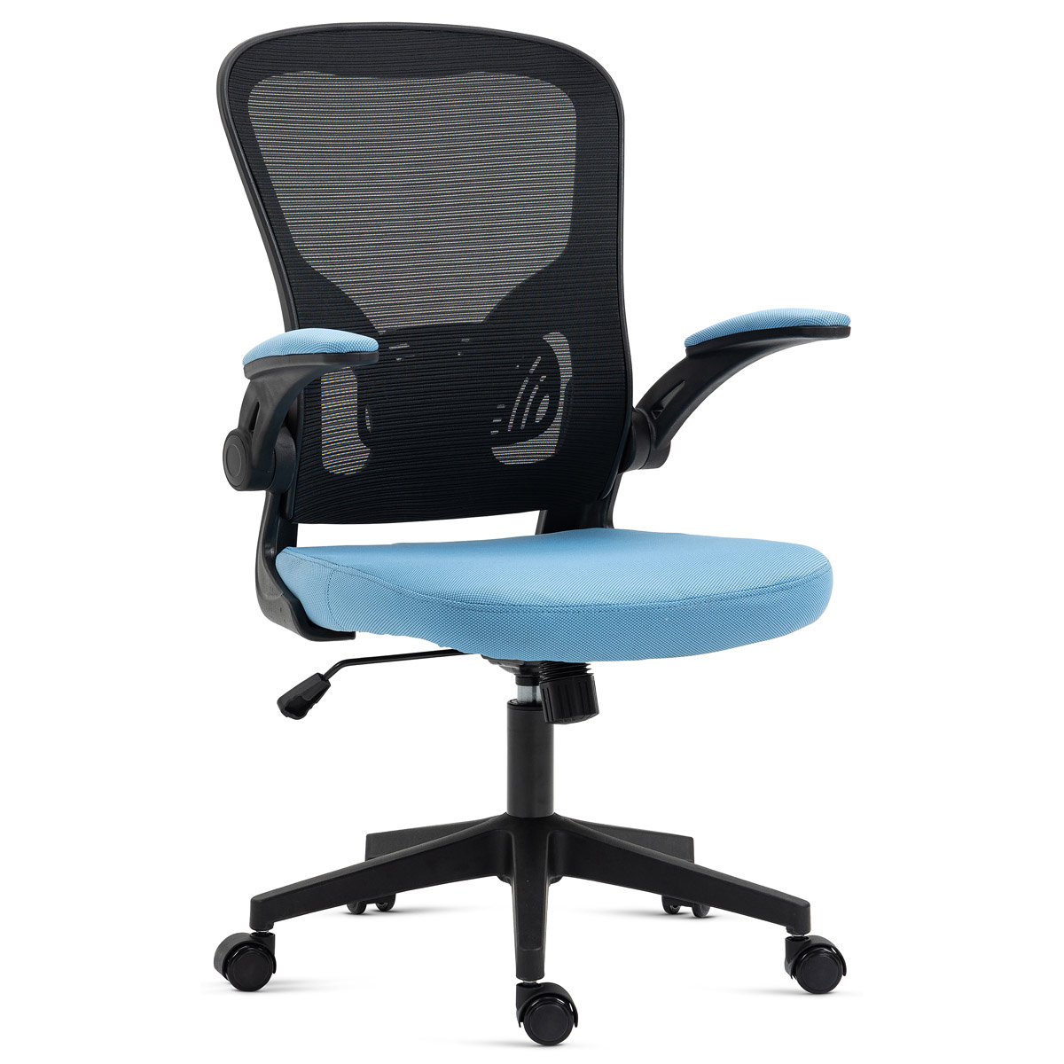 Kancelářská židle, černý plast, modrá látka, sklápěcí područky, kolečka pro tvrd