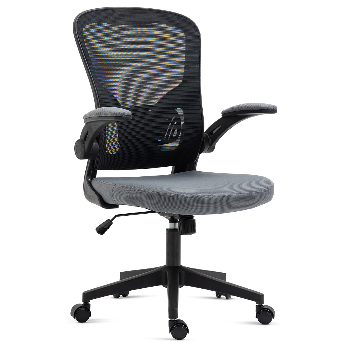 Kancelářská židle, černý plast, šedá látka, sklápěcí područky, kolečka pro tvrdé