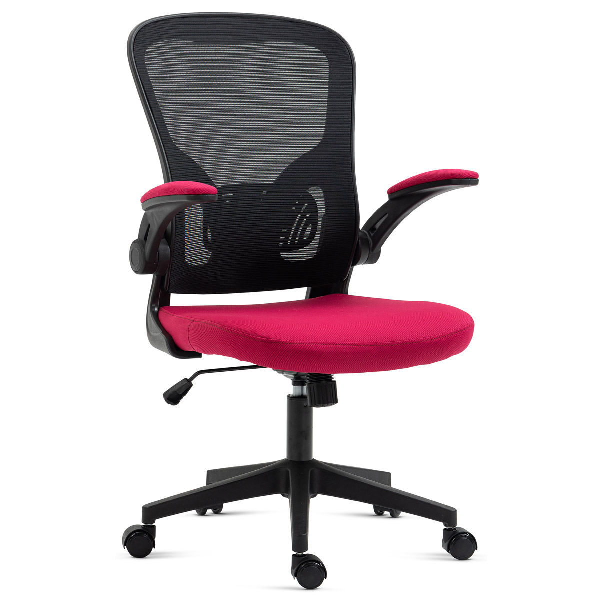 Kancelářská židle, černý plast, červená látka, sklápěcí područky, kolečka pro tv