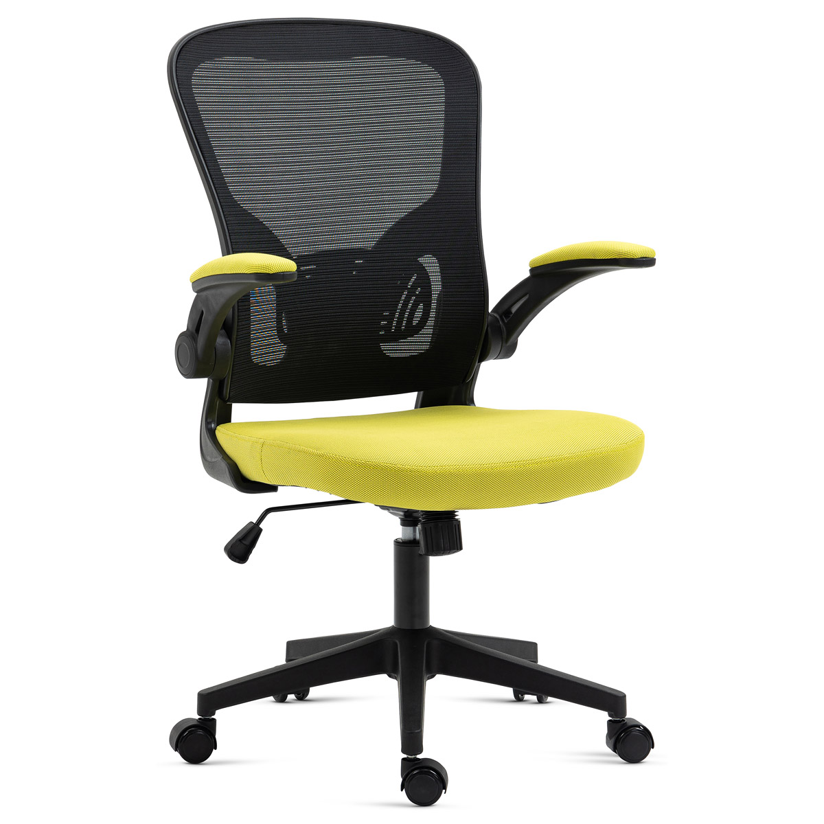 Kancelářská židle, černý plast, žlutá látka, sklápěcí područky, kolečka pro tvrd