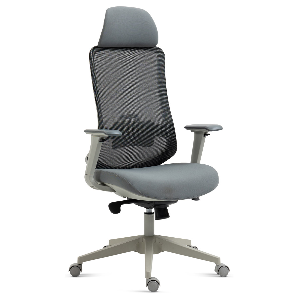 Kancelářská židle, šedý plast, šedá průžná látka a mesh, 4D područky, kolečka pr