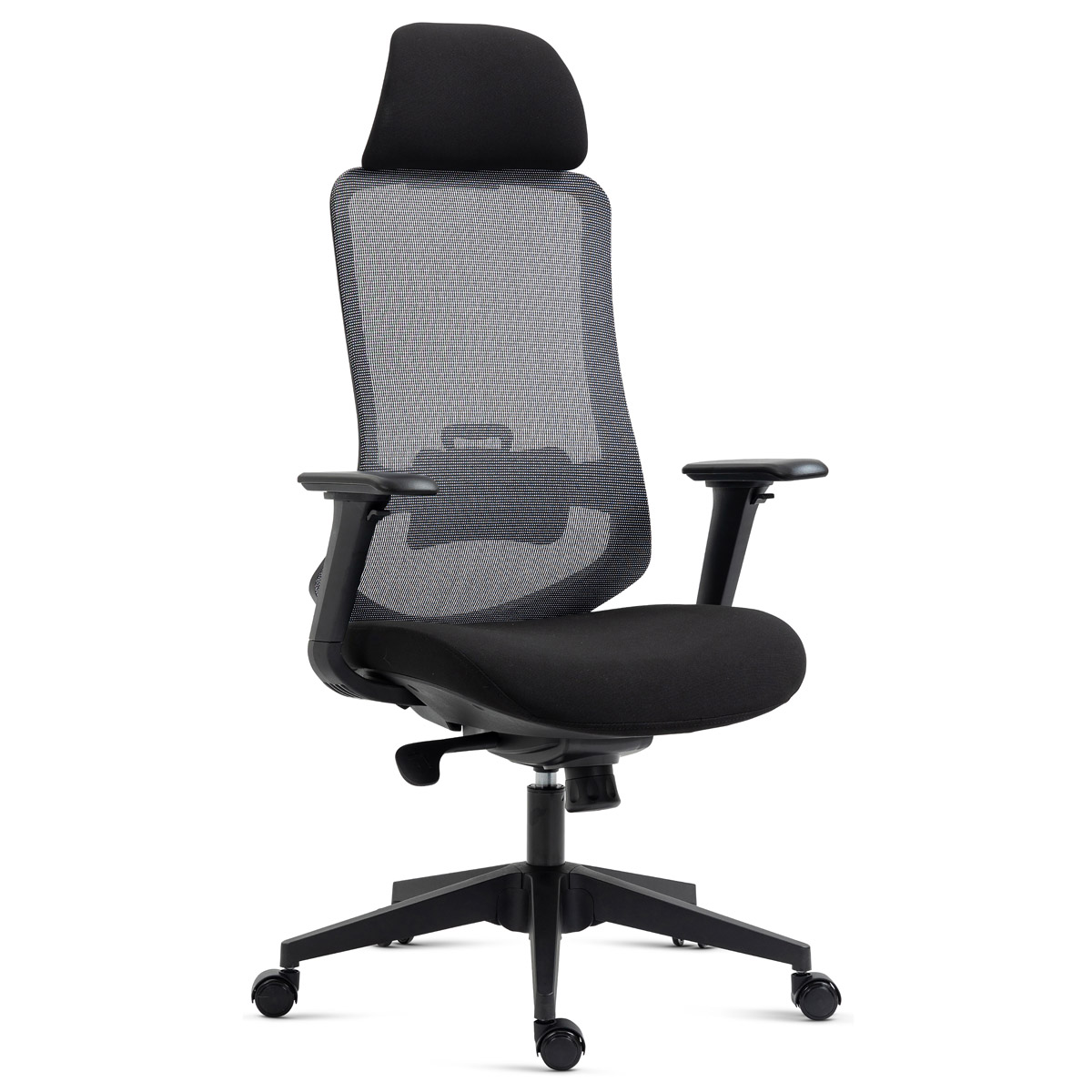 Kancelářská židle, černý plast, černá látka, 4D područky, kolečka pro tvrdé povr