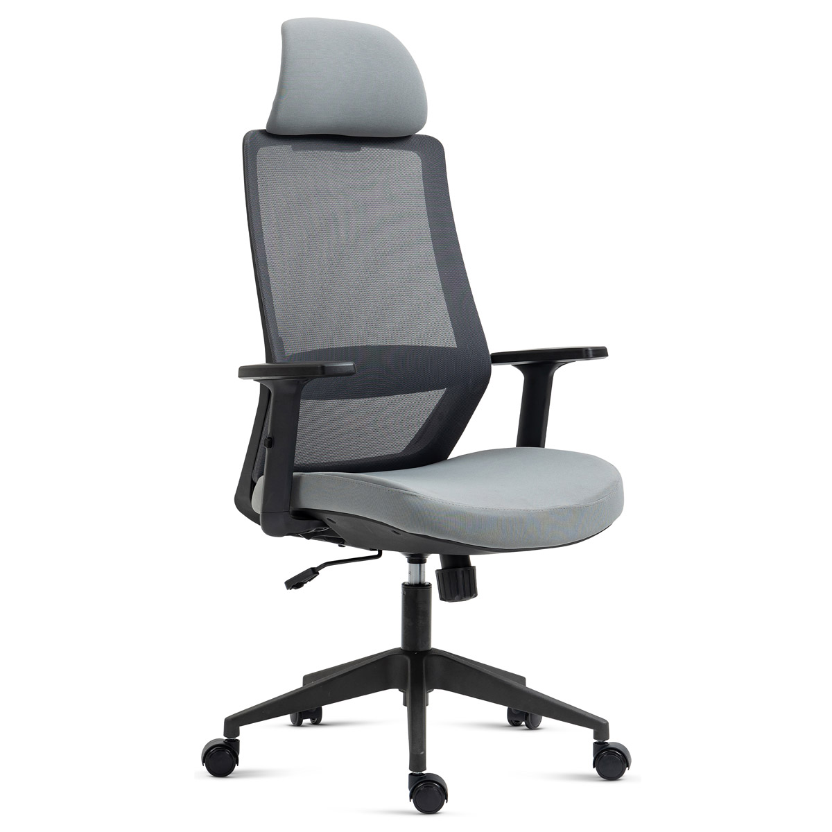 Kancelářská židle, černý plast, šedá látka, 1D područky, kolečka pro tvrdé podla