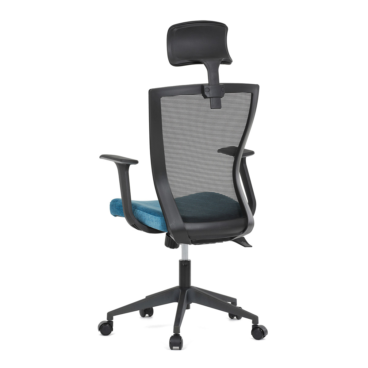Kancelářská židle, černá MESH síťovina, světle modrá látka, houpací mechanismus, plastový kříž, kolečka pro tvrdé podlah