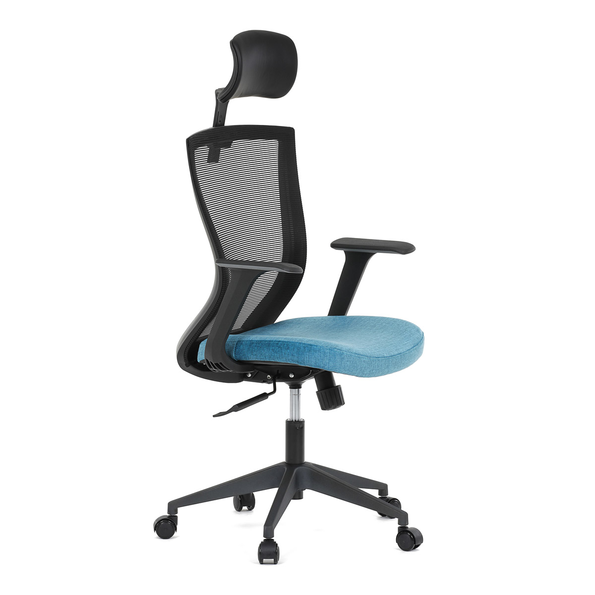 Kancelářská židle, černá MESH síťovina, světle modrá látka, houpací mechanismus, plastový kříž, kolečka pro tvrdé podlah