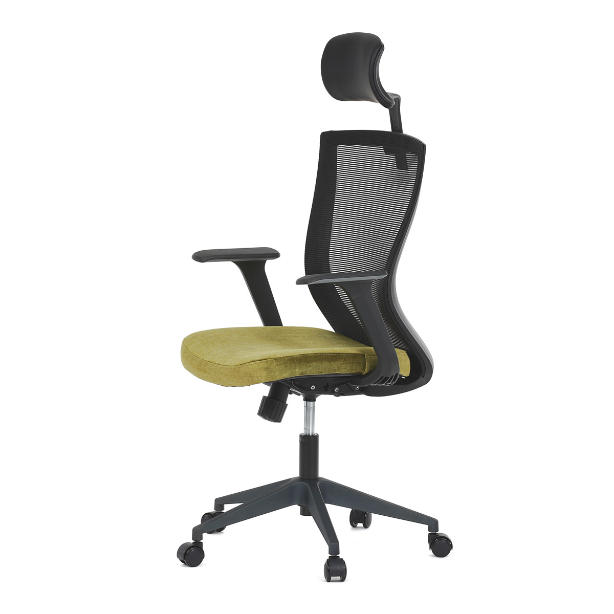 Kancelářská židle, černá MESH síťovina, světle zelená látka, houpací mechanismus, plastový kříž, kolečka pro tvrdé podla