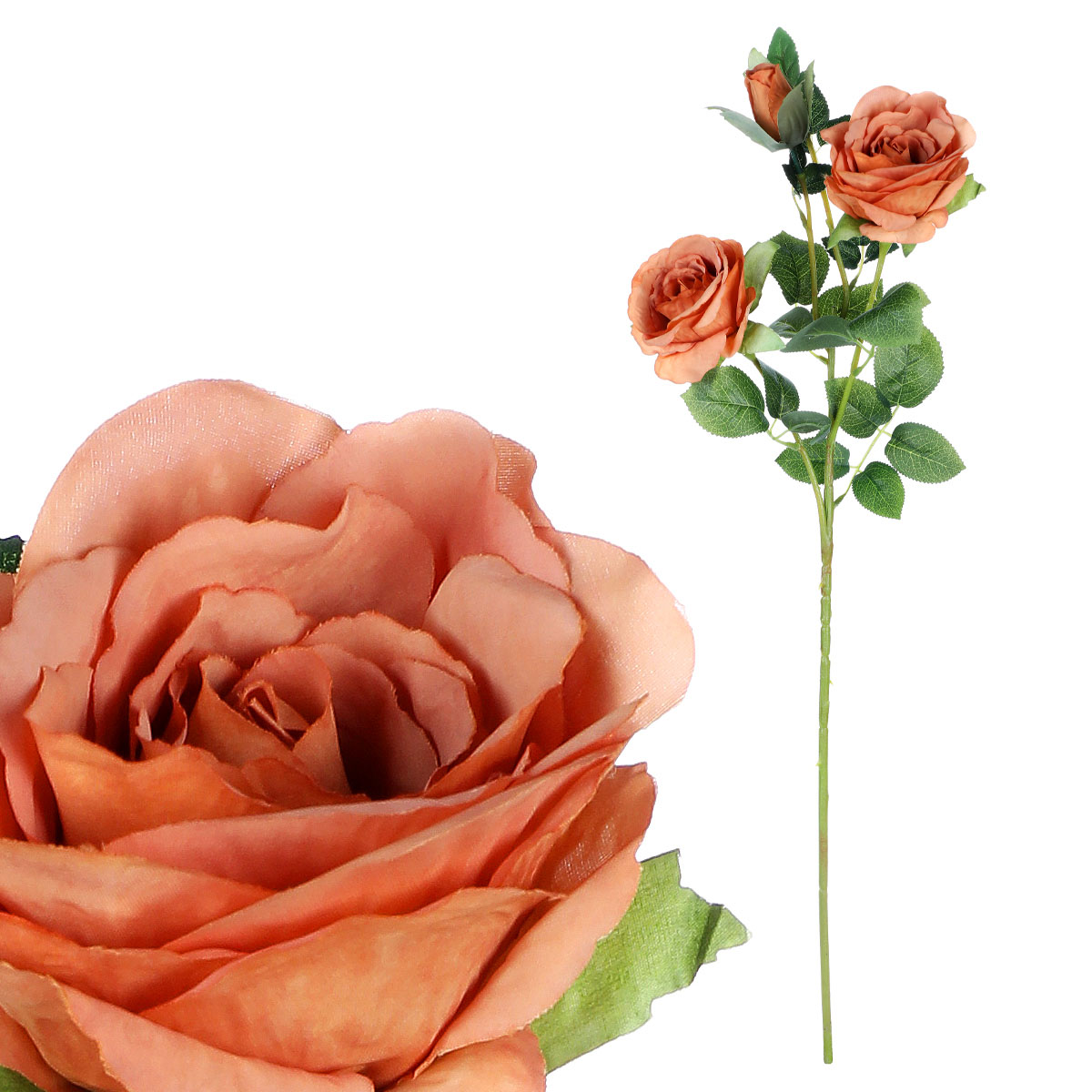 Růže, dva květy s poupětem, barva meruňková Květina umělá.