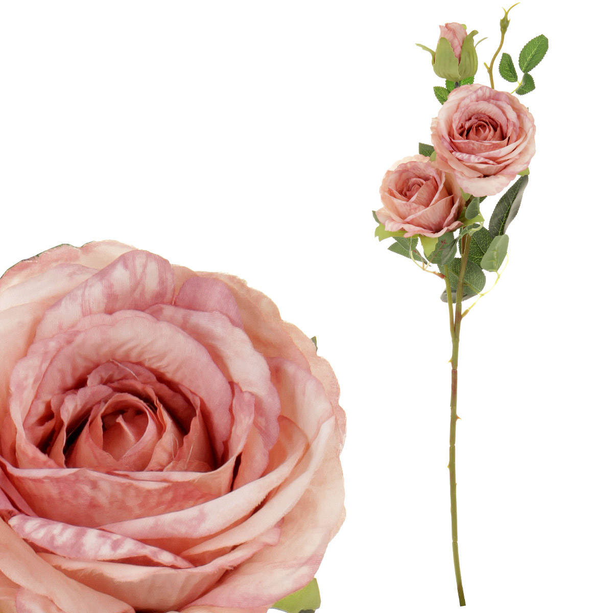 Růže, dva květy s poupětem, barva růžová tmavá. Květina umělá.