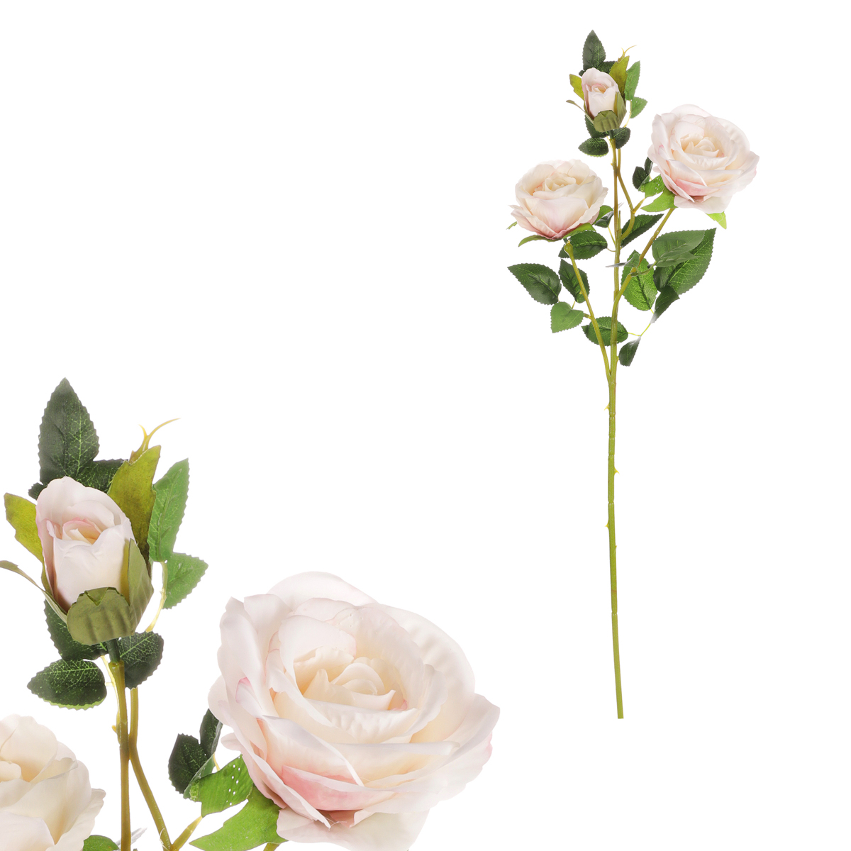 Růže, dva květy s poupětem, barva smetanovo-růžová. Květina umělá.