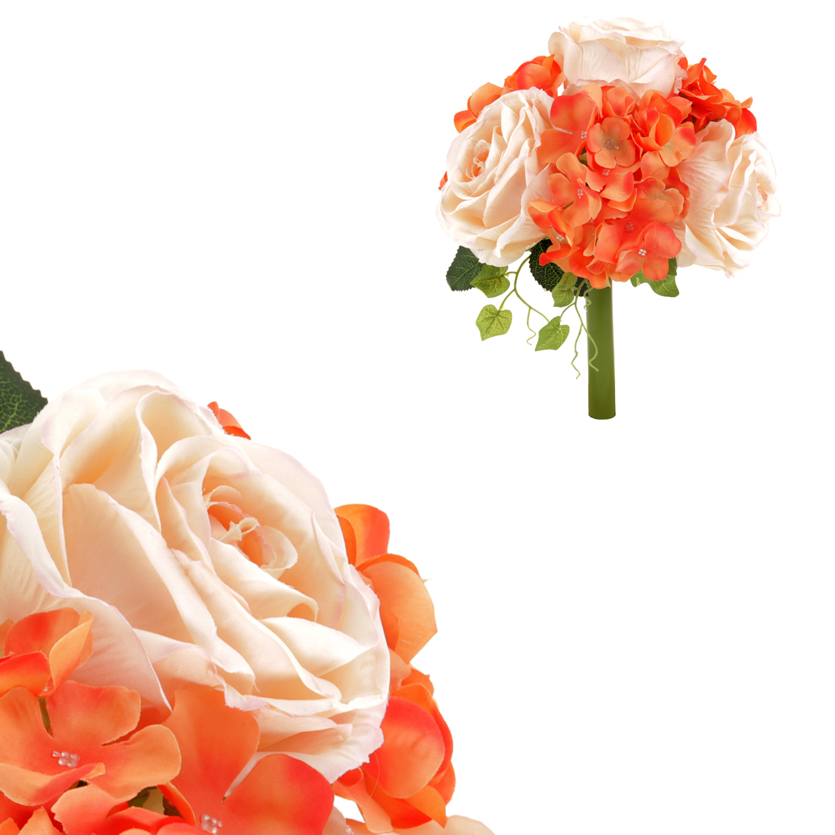 Hortenzie a růže, puget, barvy oranžová a smetanová. Květina umělá.