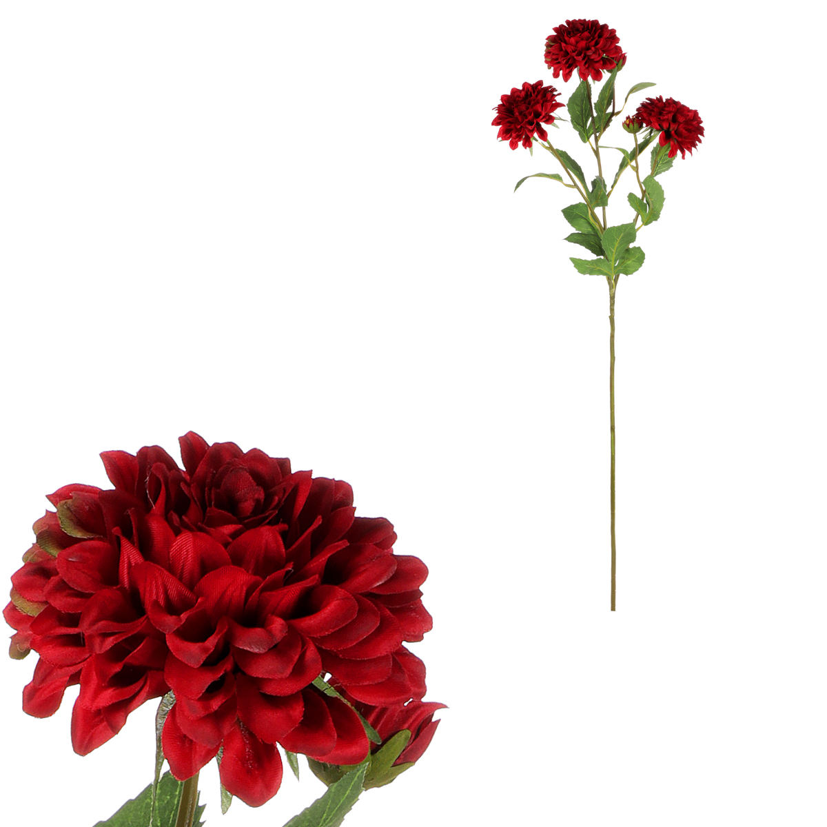 Jiřina - umělá květina, 5 květů, tmavě červená barva.