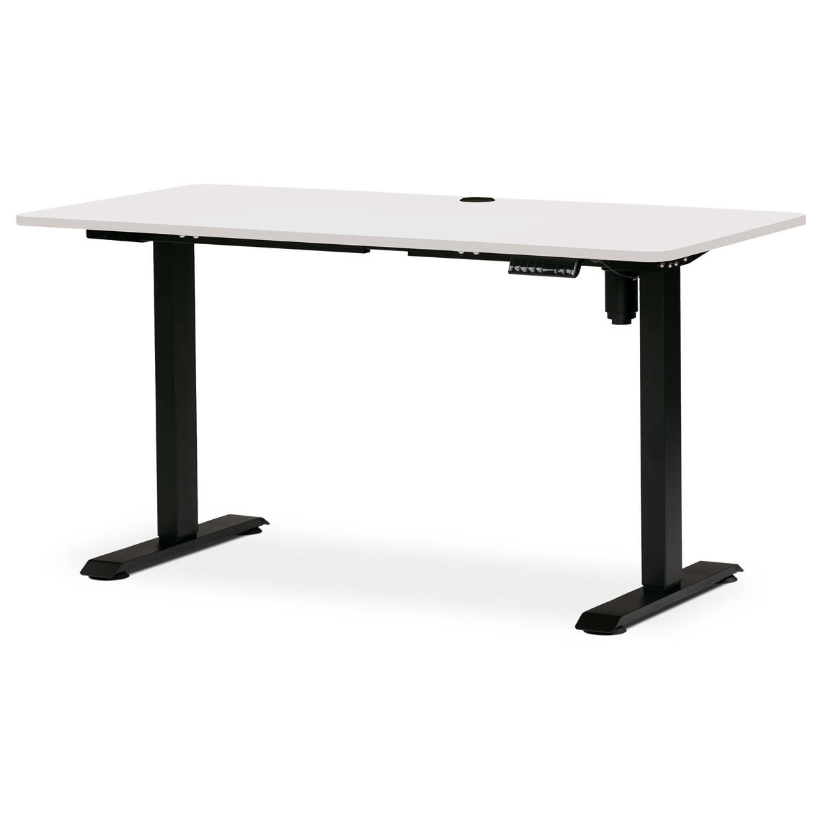Kancelářský polohovací stůl s elektricky nastavitelnou výší pracovní desky. Bílá deska. Kovové podnoží v černé barvě.