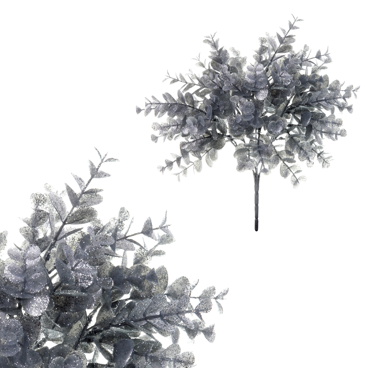 Eukalyptus, květina umělá plastová, barva stříbrná ojíněná