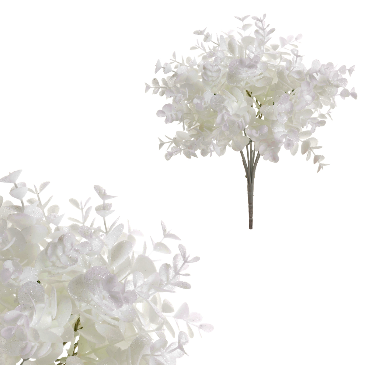 Eukalyptus, květina umělá plastová, barva bílá ojíněná.