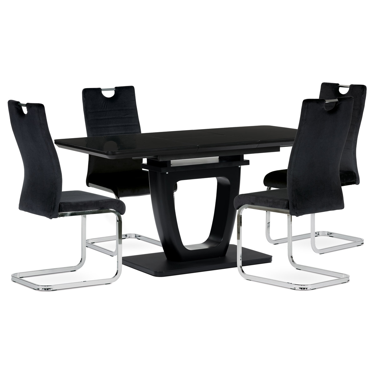 Jídelní stůl 110+40x75 cm, černá 4 mm skleněná deska, MDF, černý matný lak