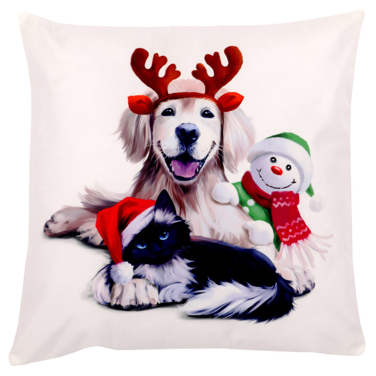 Polštář s výplní, samet. Vánoční motiv, pes, kočka a sněhulák. 45x45 cm.