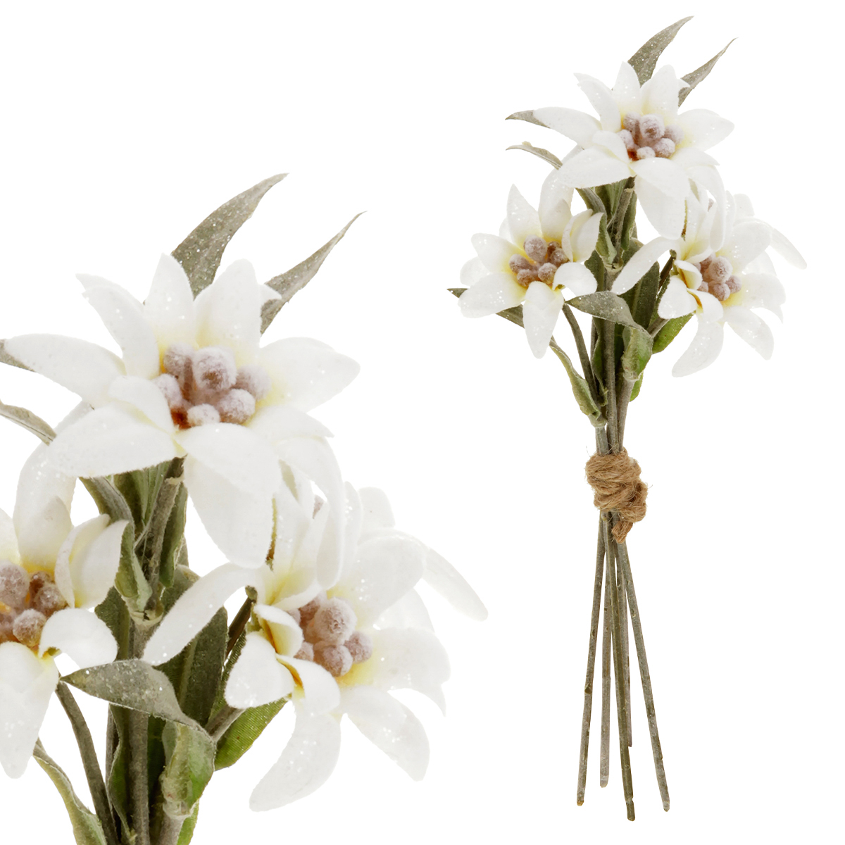 Flanelový květ v pugetu, barva bílá ojíněná