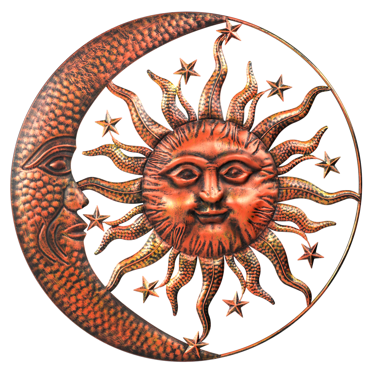Slunce s měsícem, kovová nástěnná dekorace.