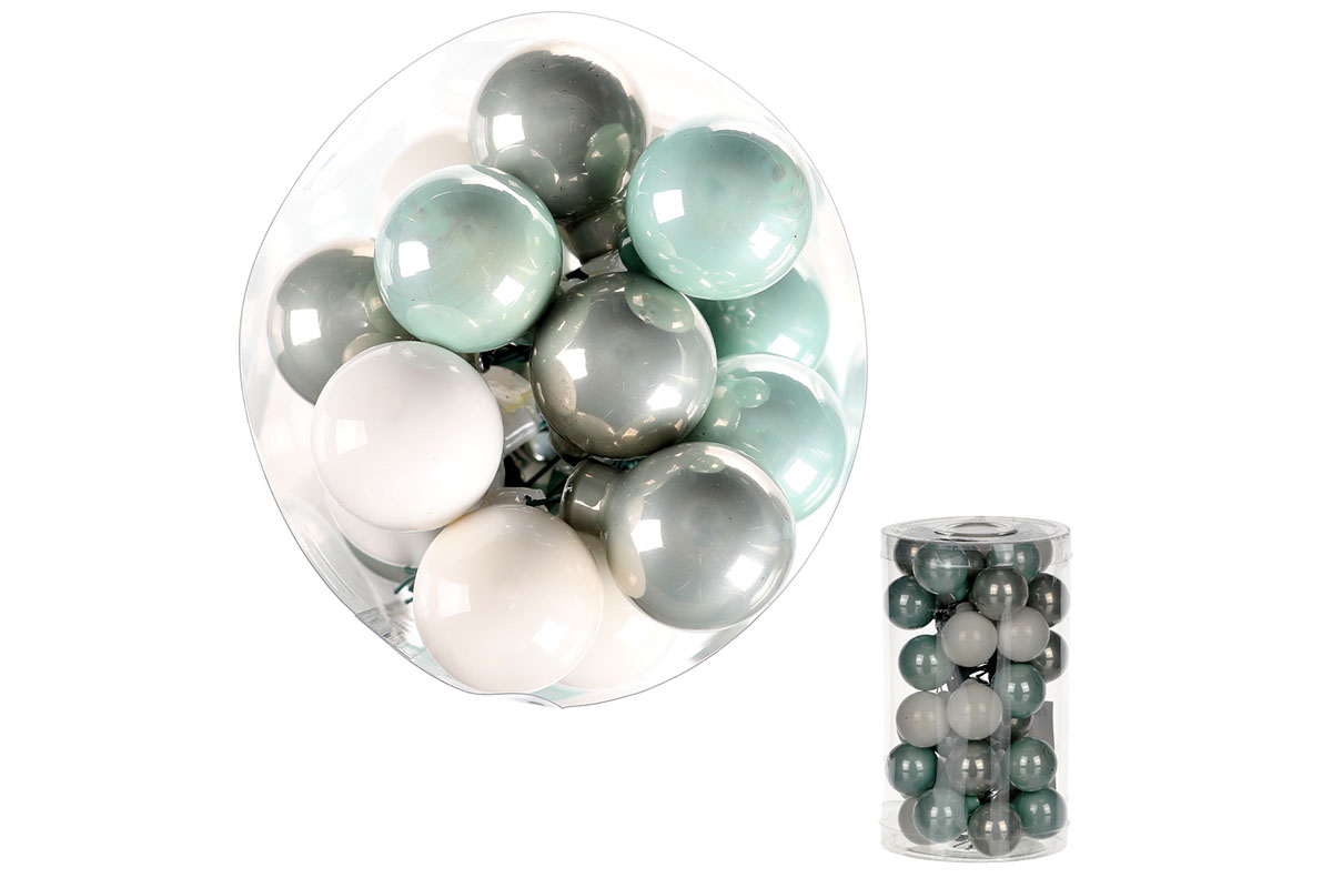 Ozdoby skleněné na drátku, zeleno-šedivo-bílá kombinace, pr.2.5cm, cena za 1 bal