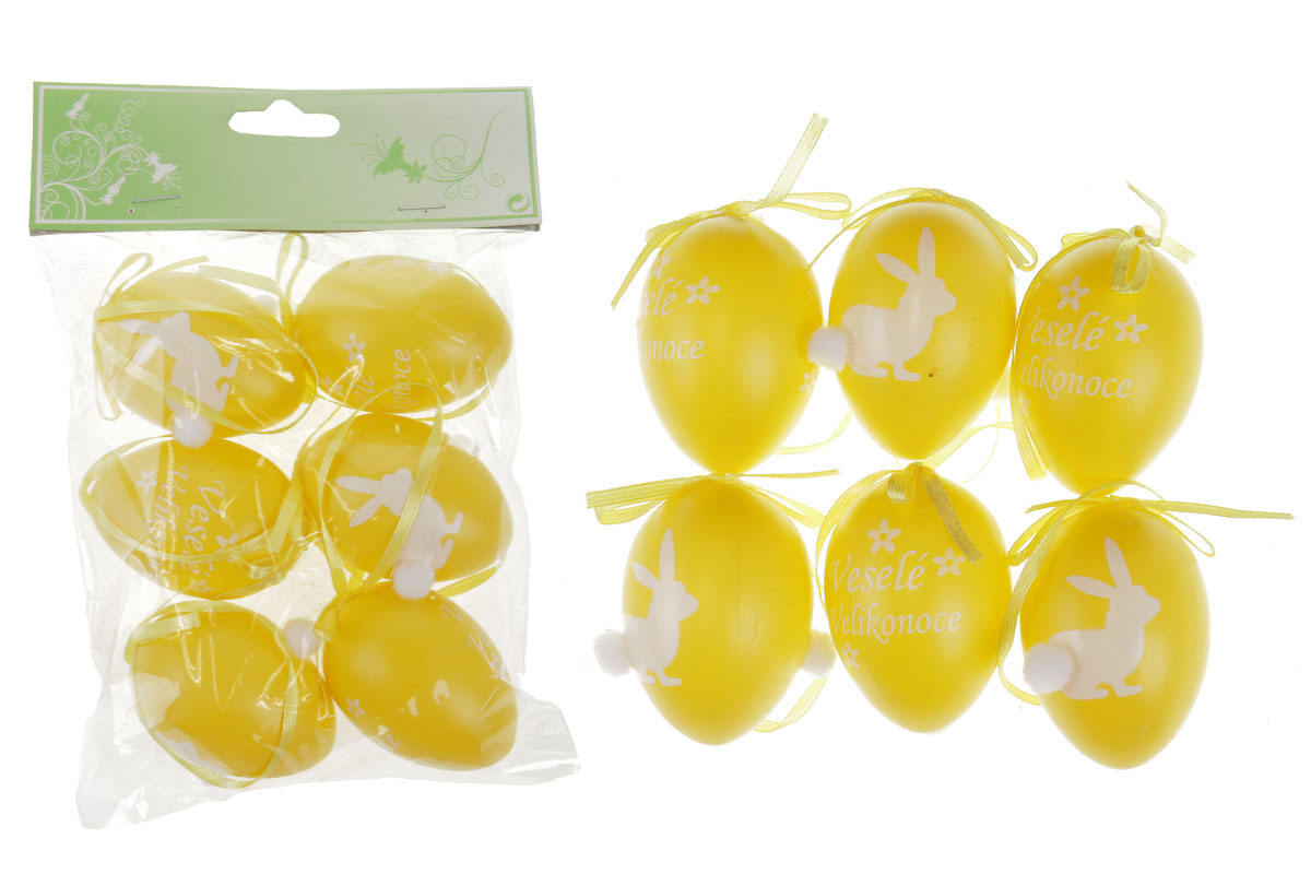 Vajíčka plastová 6cm, s nápisem VESELÉ  VELIKONOCE, 6 kusů v sáčku, barva žlutá