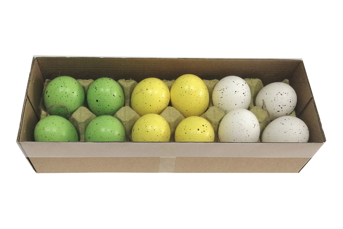 Kropenatá vajíčka, bílo-žluto-zelená, cena za 12ks v krabičce.