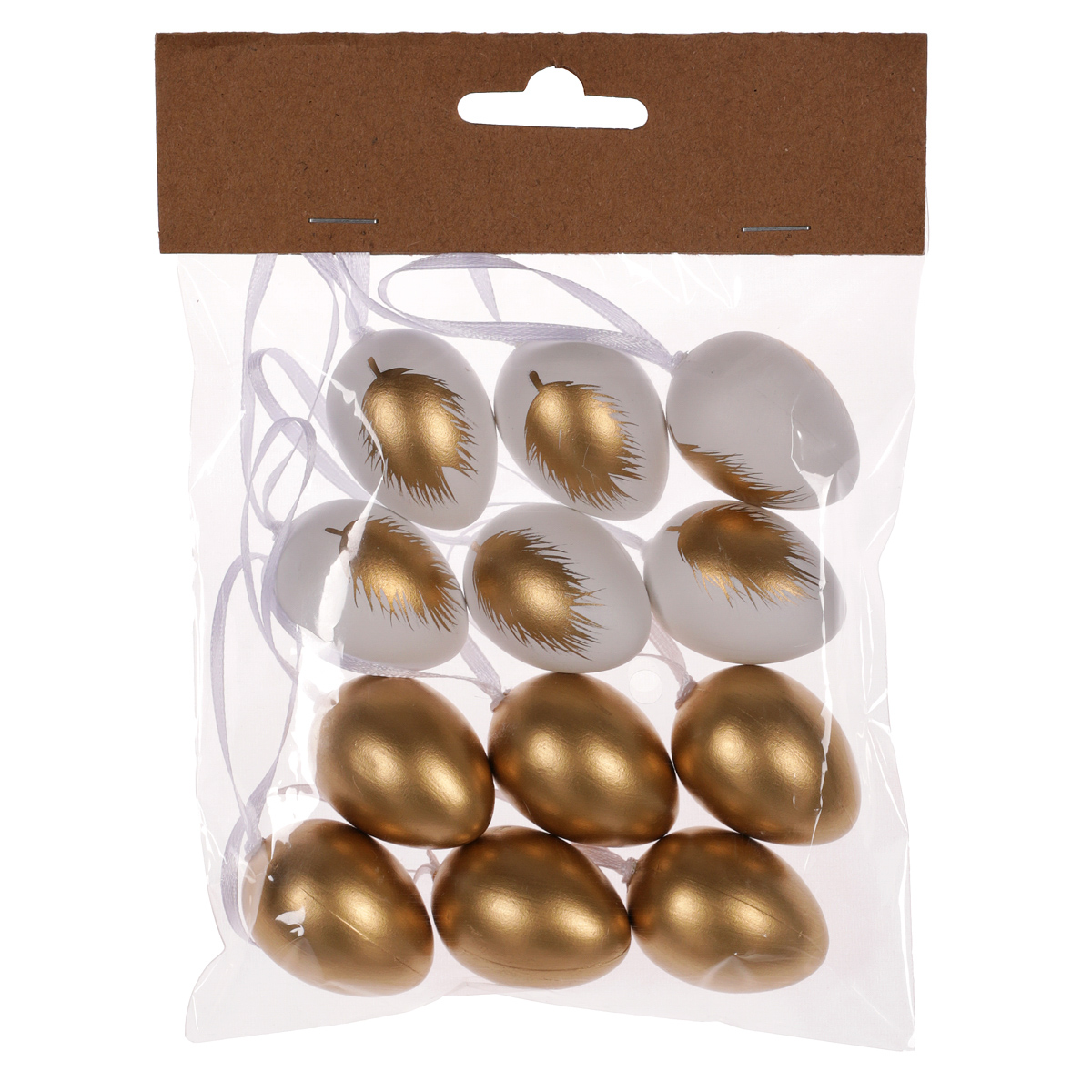 Vajíčko plastové, se zlatým pírkem, 4cm. Cena za  sáček (12ks).