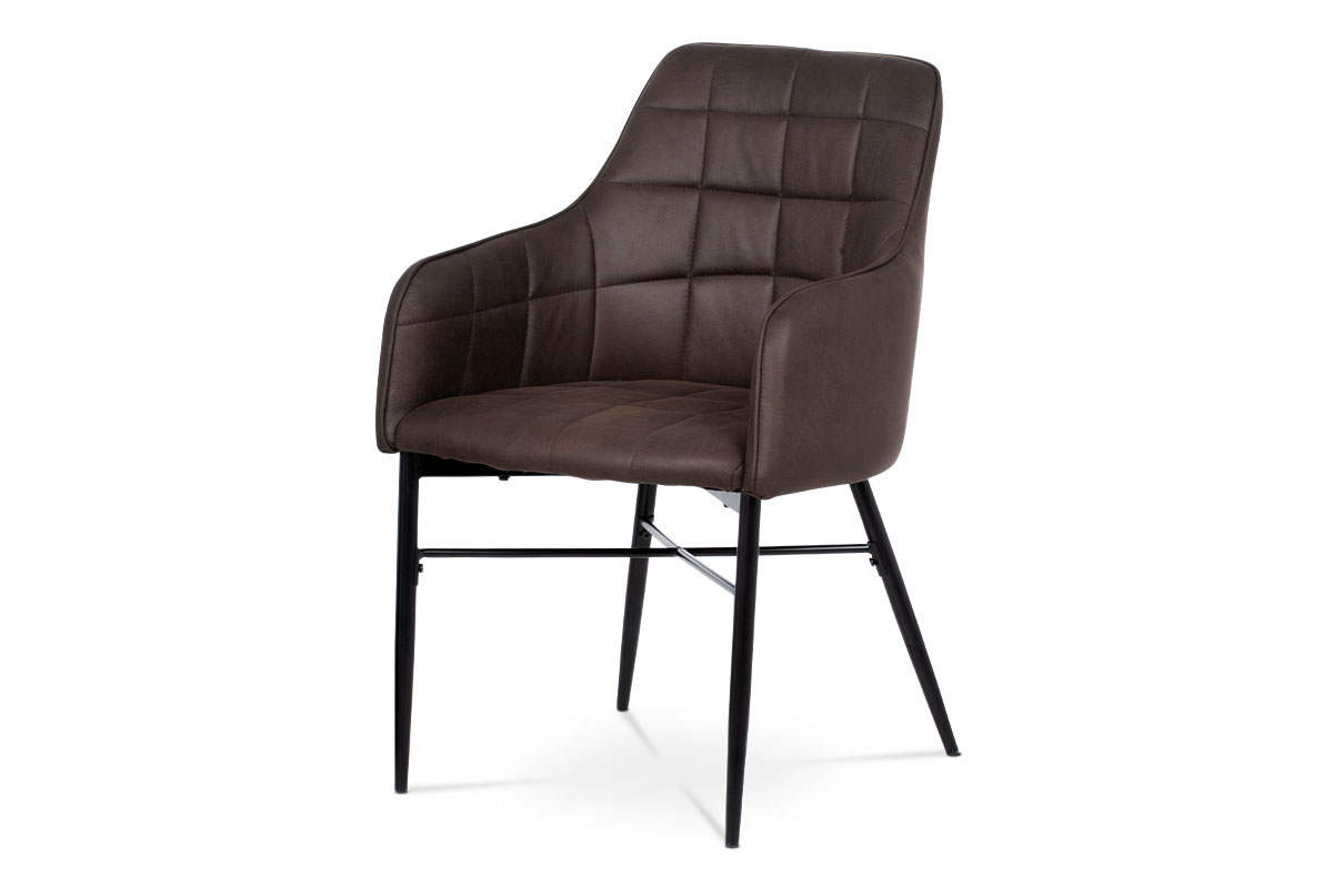 jedálenská stolička, poťah hnedá látka v dekor vintage kože, kovová podnož, černý matný lak
