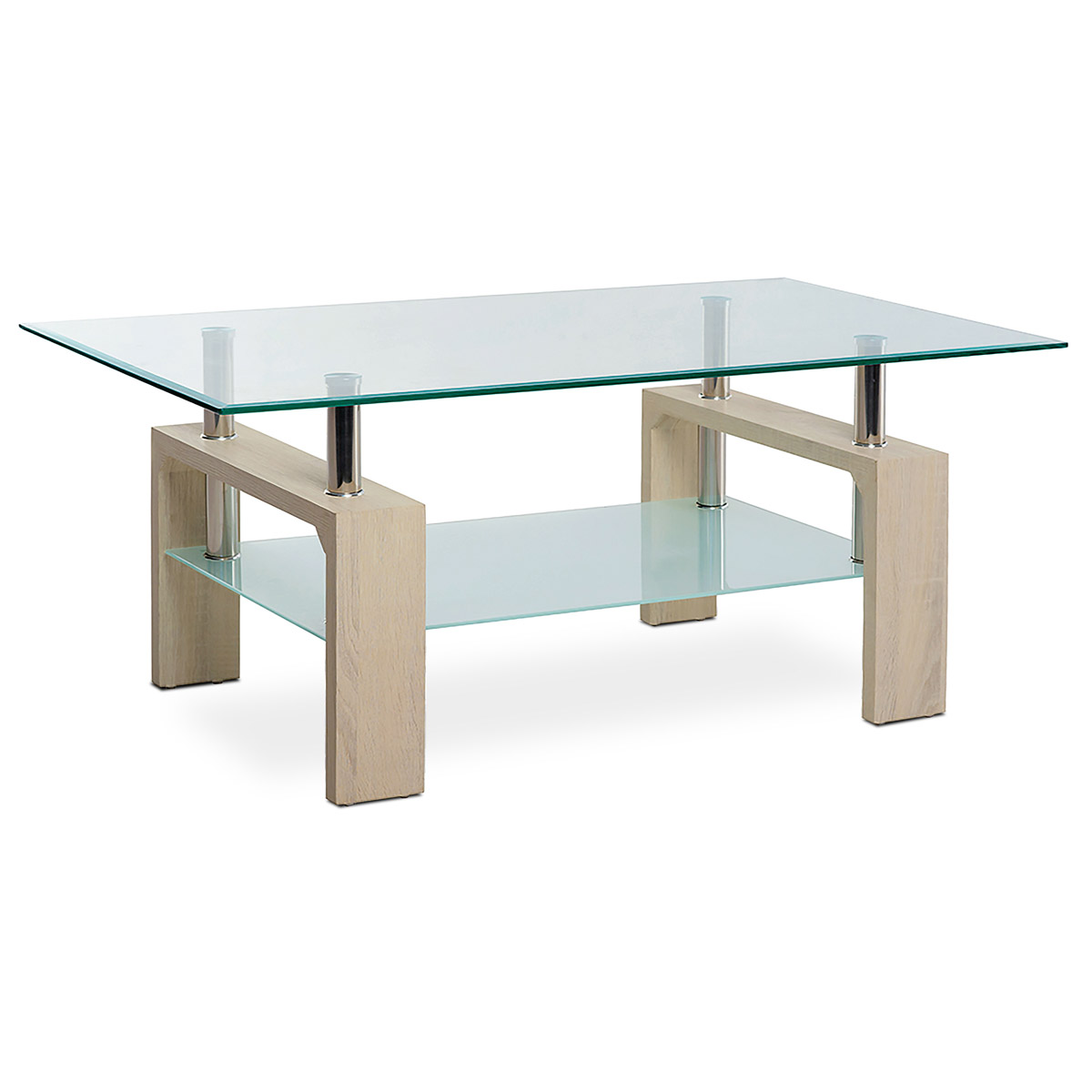 Konferenčný stolík, číre / mliečne sklo, MDF, 3D dekor biely dub