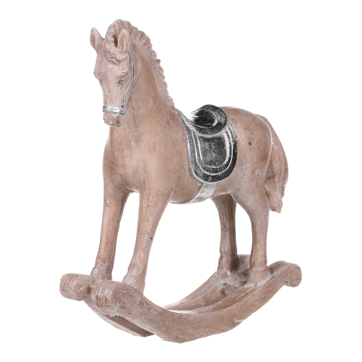 Kůň houpací, dřevěný motiv, stříbrné sedlo.