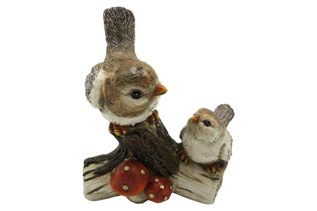 Ptáčci na klacíku s houbou, polyresinová dekorace