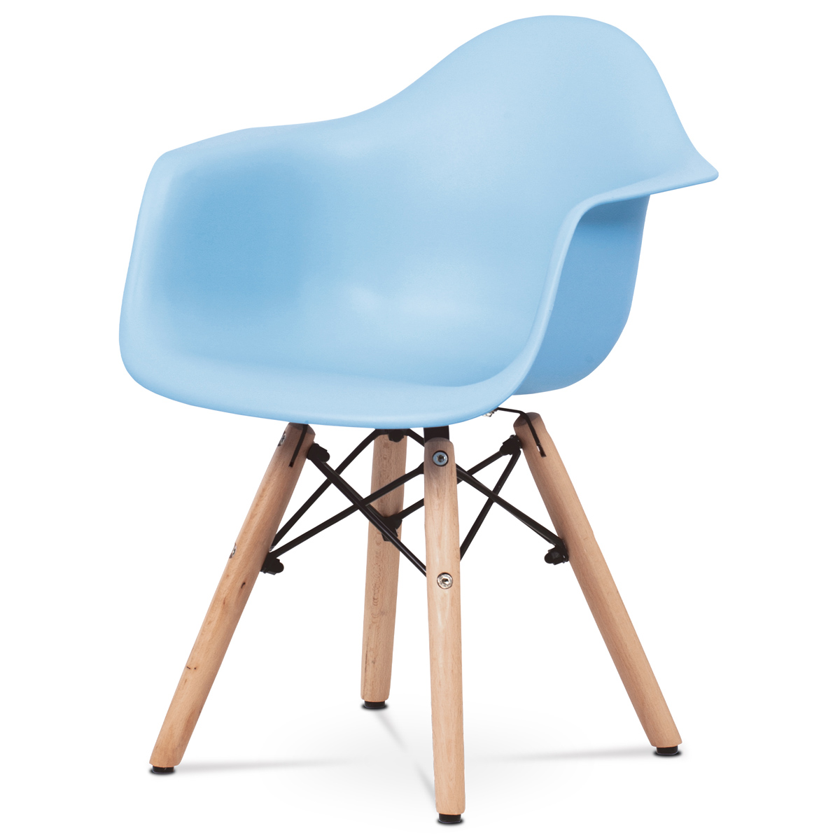 Detská stolička, svetlo modrá plastová škrupina, nohy masív buk,  prírodný odtieň
