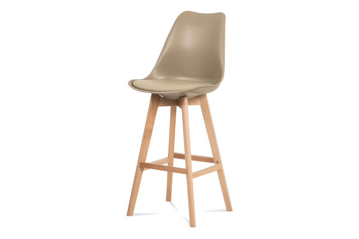 barová stolička plast, sedák kapučíno ekokoža/nohy masív prírodný buk